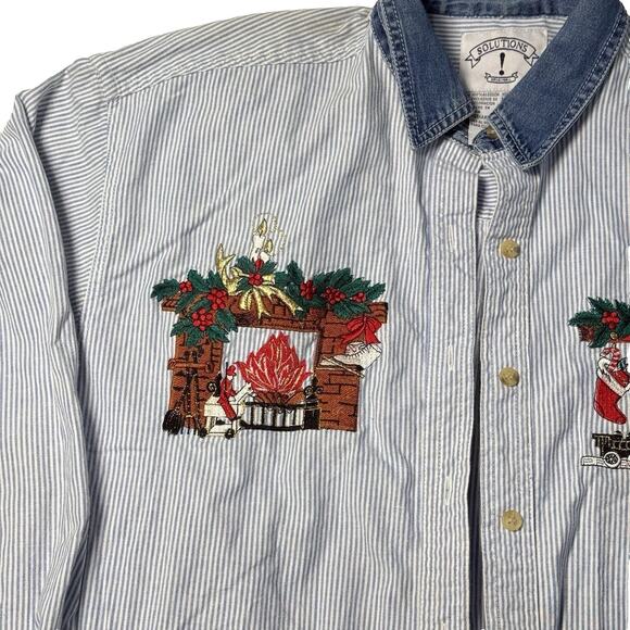 Solutions Original Christmas Embroidered Shirt Womens Medium Blue Stripe 90s - Picture 2 of 9